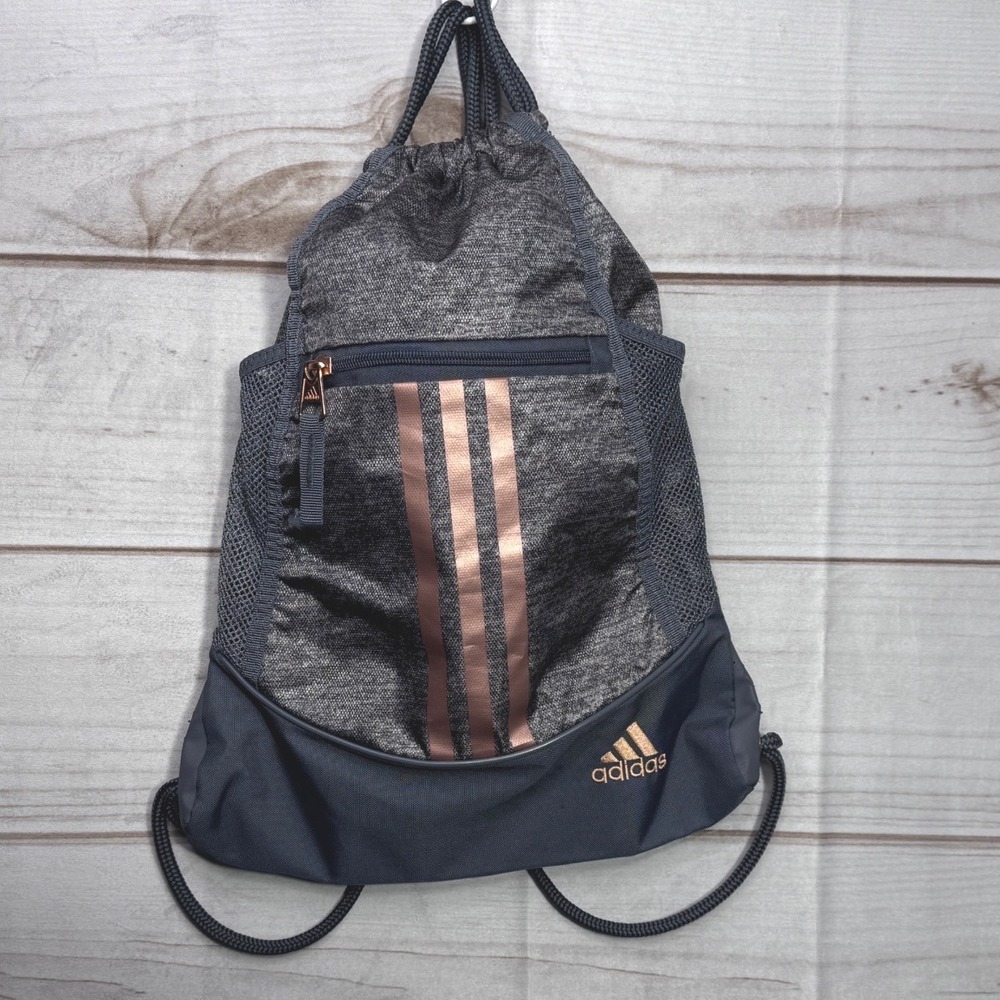 Adidas Drawstring Cinch Bag Grey Navy Rose Gold Metallic Stripes Sackpack Gym